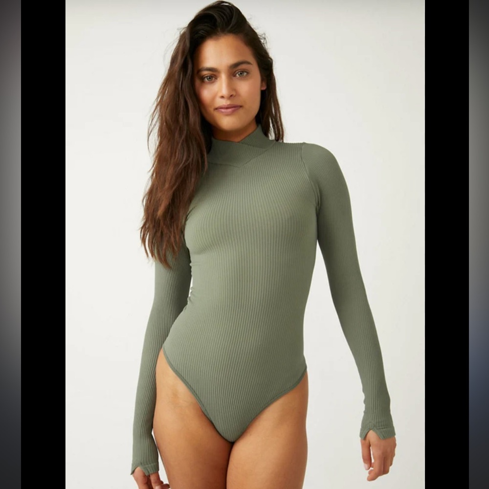 Free People Olive Green Ribbed Bodysuit